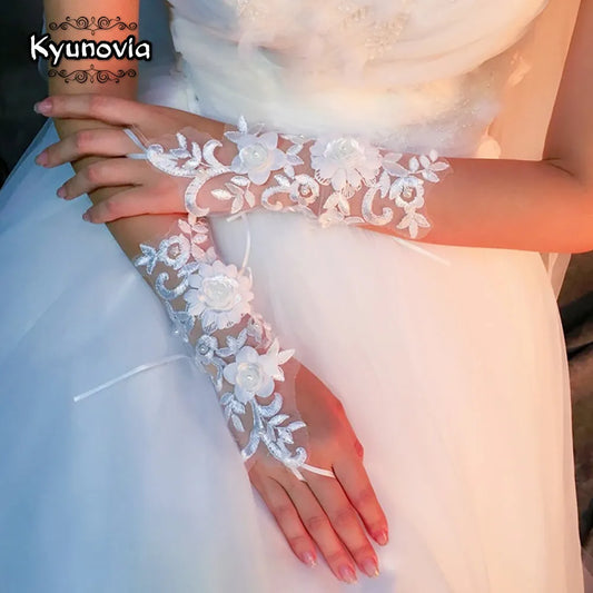 Kyunovia Best Wedding White Short Party Gloves Fingerless Elegant Pearls Evening